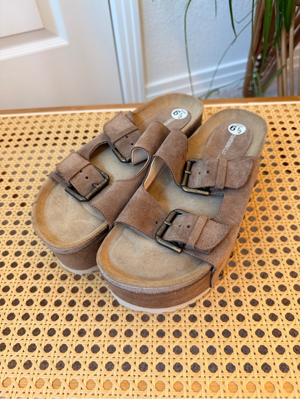 INTENTIONALLY BLANK Brown Suede Double-Buckle Platform Sandals